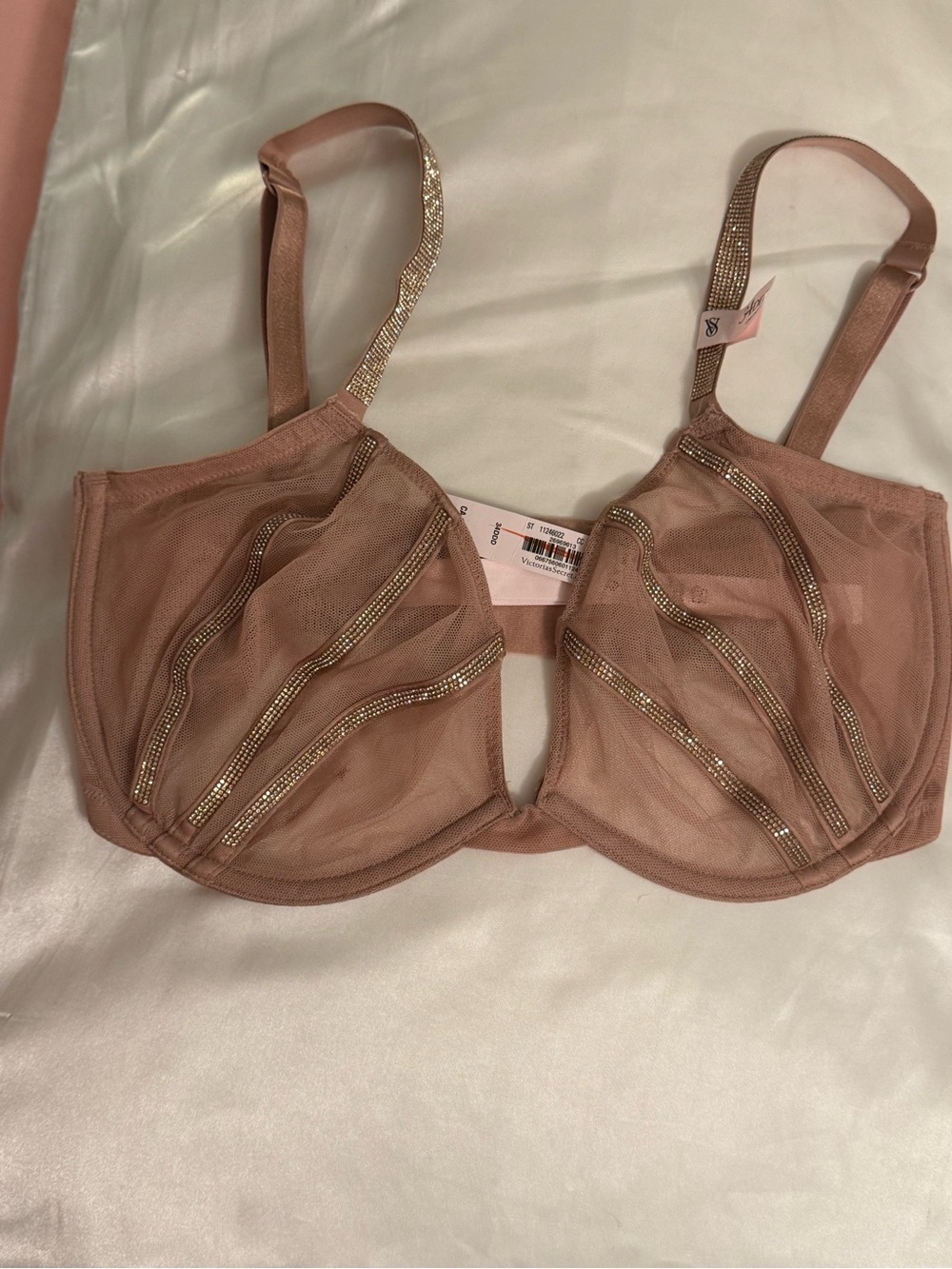 Victoria's Secret Sheer Mesh Underwire Bra in brown with embellished Trim.